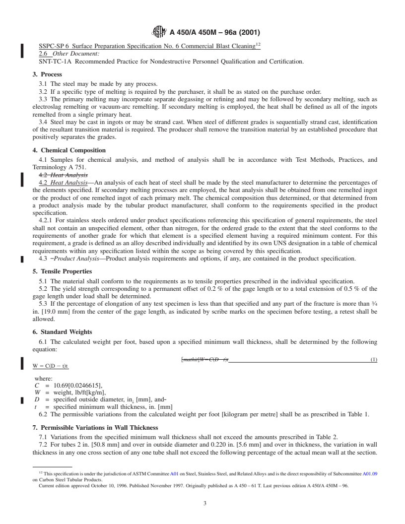 REDLINE ASTM A450/A450M-96a(2001) - Standard Specification for General Requirements for Carbon, Ferritic Alloy, and Austenitic Alloy Steel Tubes