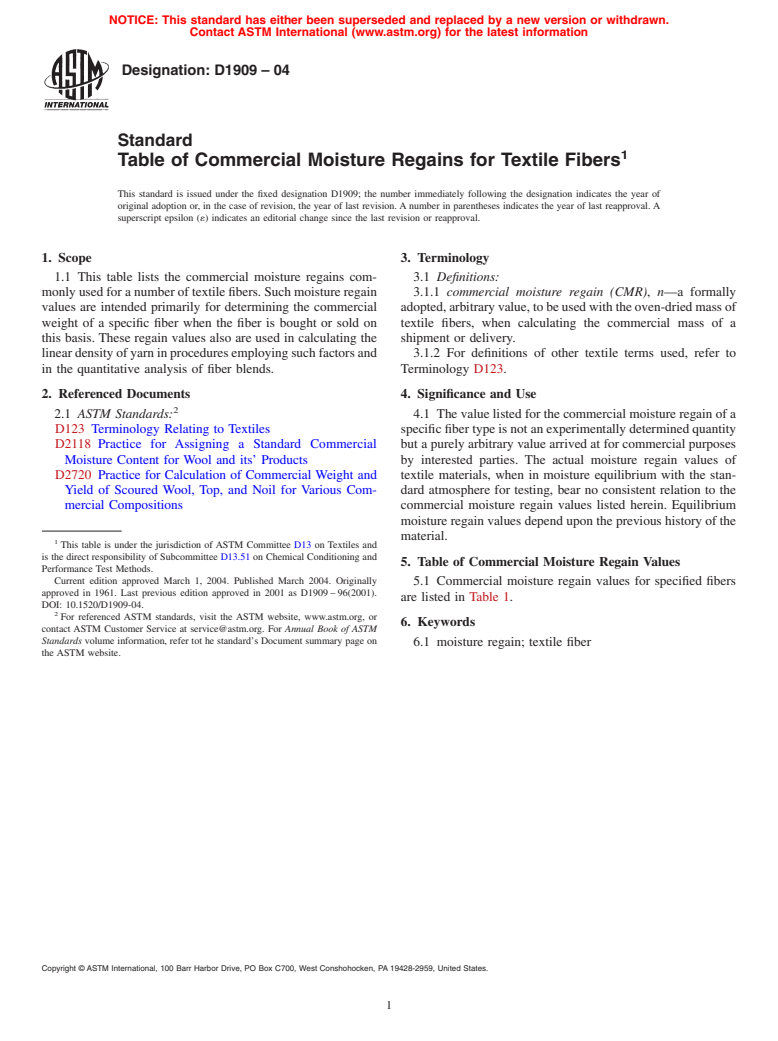 ASTM D1909-04 - Standard Table of Commercial Moisture Regains for Textile Fibers