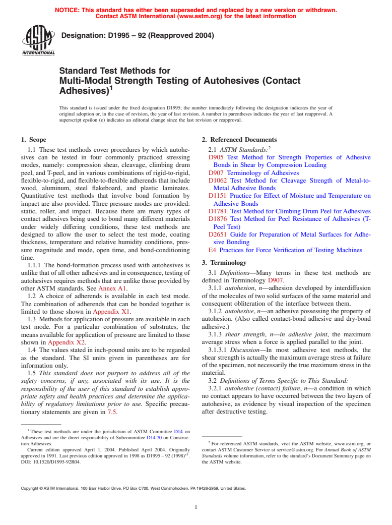 ASTM D1995-92(2004) - Standard Test Methods for Multi-Modal Strength Testing of Autohesives (Contact Adhesives)