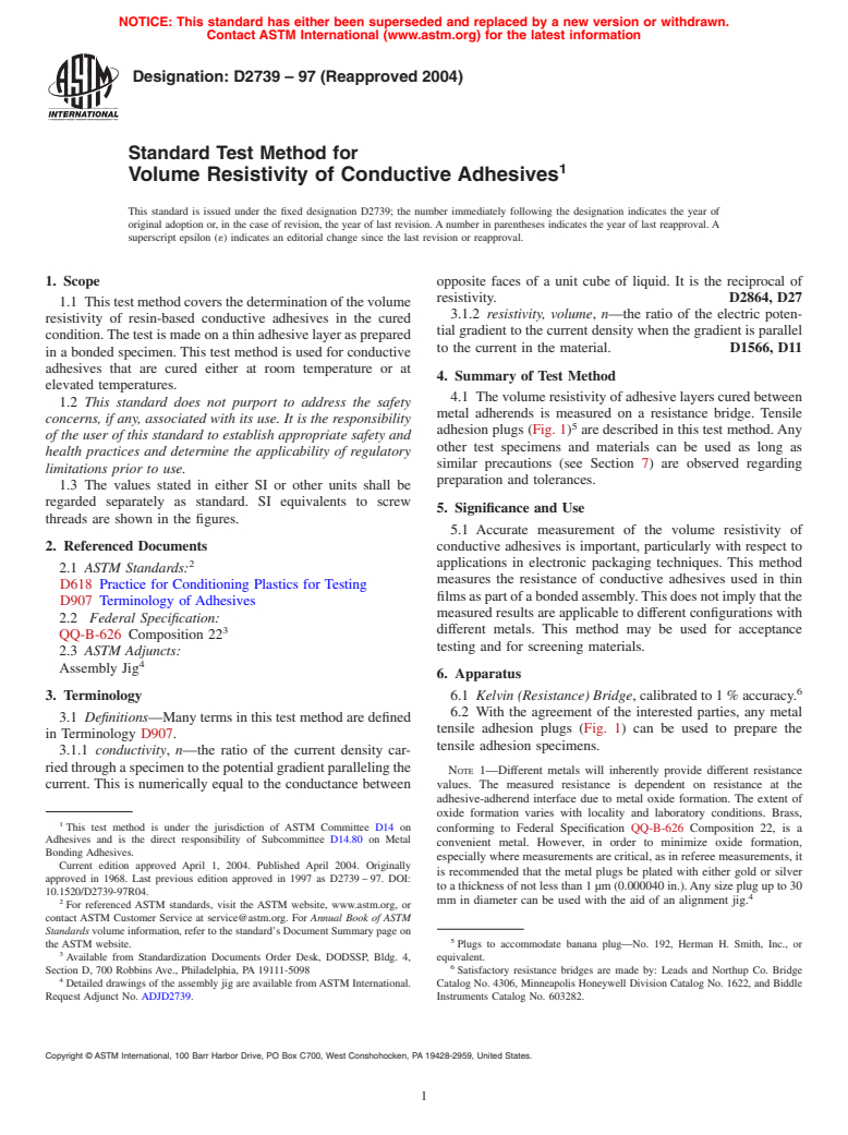 ASTM D2739-97(2004) - Standard Test Method for Volume Resistivity of Conductive Adhesives