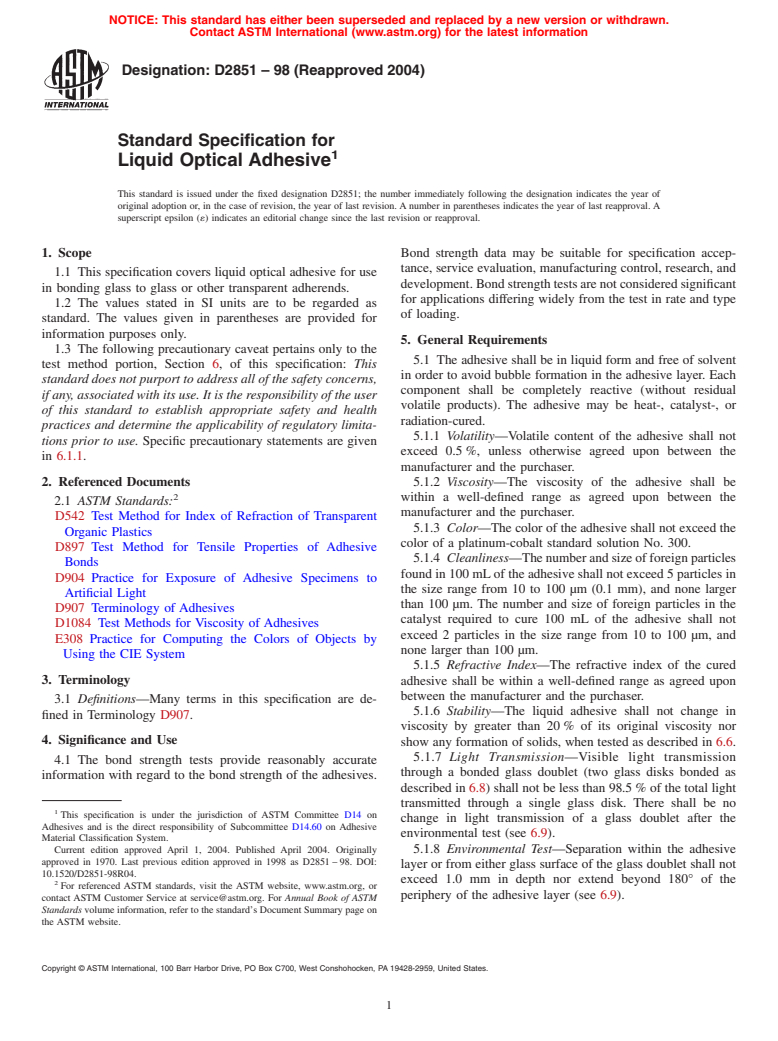 ASTM D2851-98(2004) - Standard Specification for Liquid Optical Adhesive