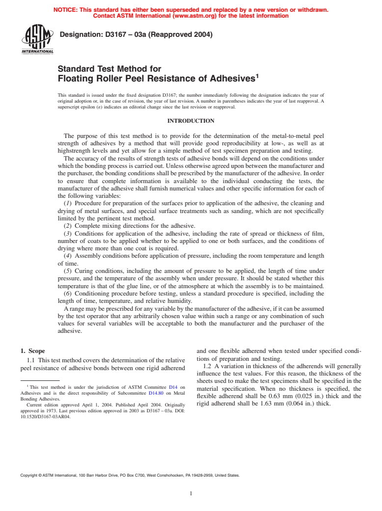 ASTM D3167-03a(2004) - Standard Test Method for Floating Roller Peel Resistance of Adhesives