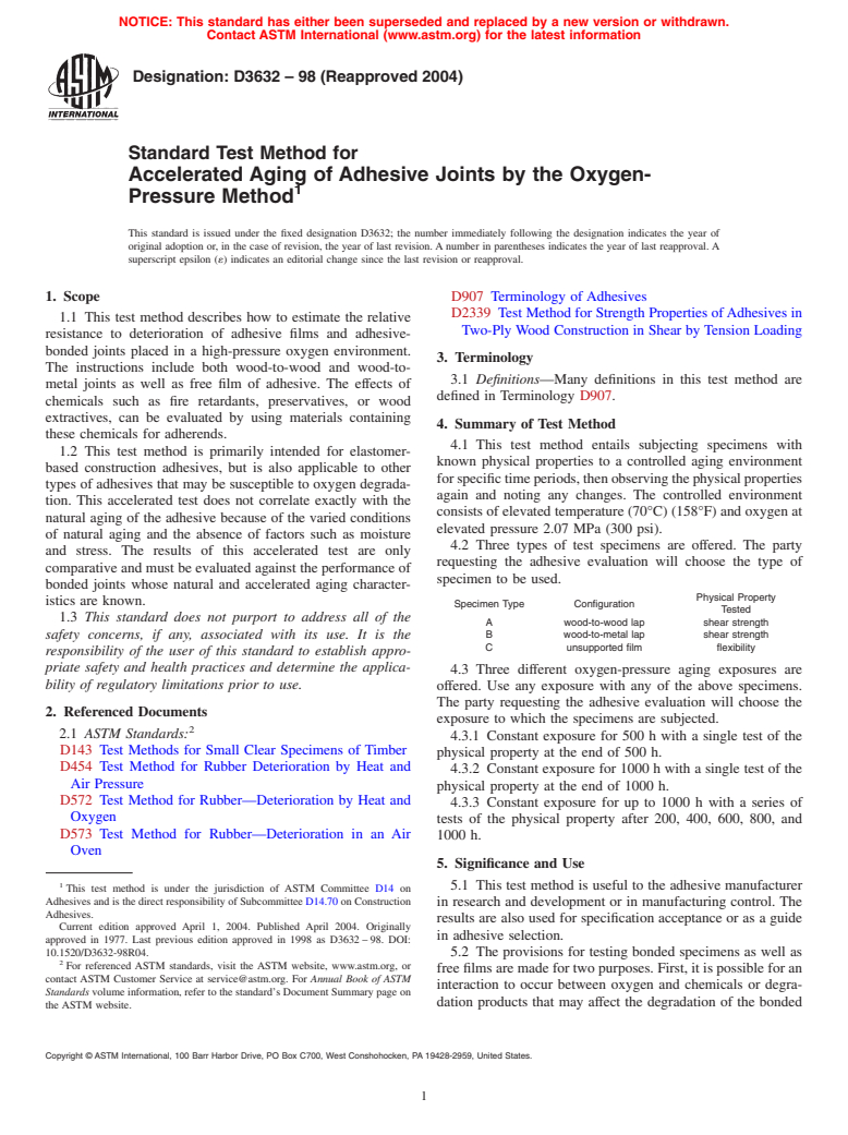 ASTM D3632-98(2004) - Standard Test Method for Accelerated Aging of Adhesive Joints by the Oxygen-Pressure Method