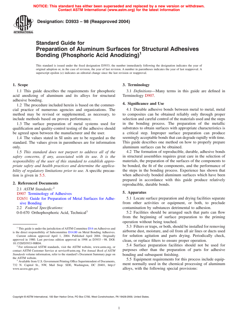 ASTM D3933-98(2004) - Standard Guide for Preparation of Aluminum Surfaces for Structural Adhesives Bonding (Phosphoric Acid Anodizing)