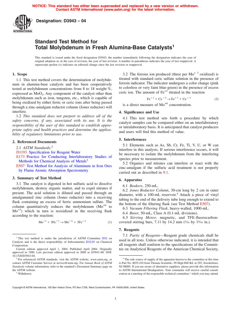 ASTM D3943-04 - Standard Test Method for Total Molybdenum in Fresh Alumina-Base Catalysts