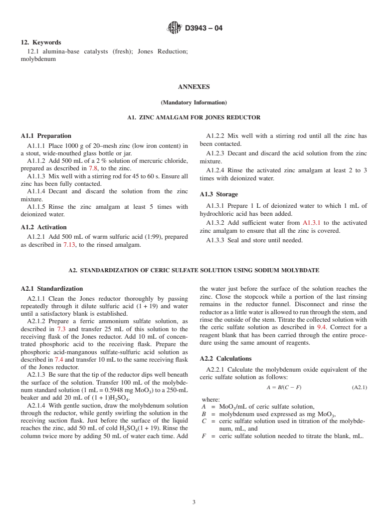 ASTM D3943-04 - Standard Test Method for Total Molybdenum in Fresh Alumina-Base Catalysts