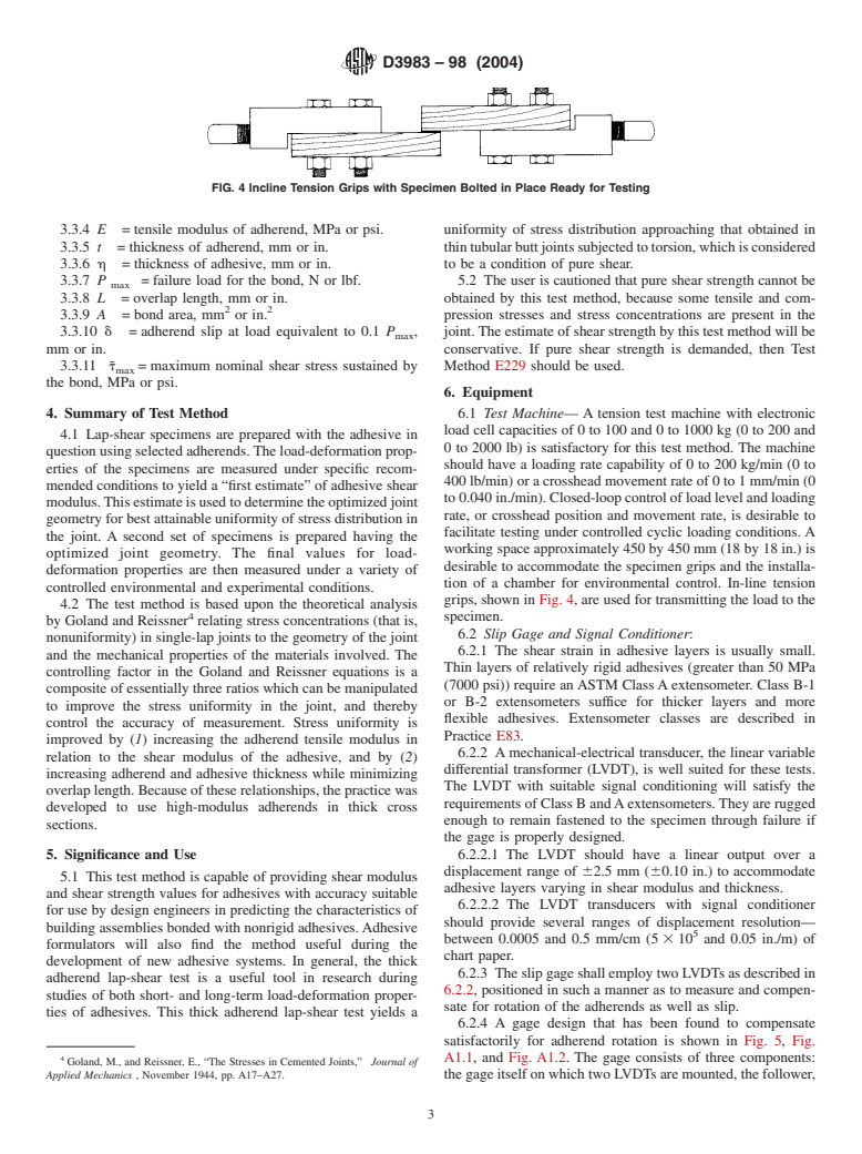 ASTM D3983-98(2004) - Standard Test Method for Measuring Strength and Shear Modulus of Nonrigid Adhesives by the Thick-Adherend Tensile-Lap Specimen