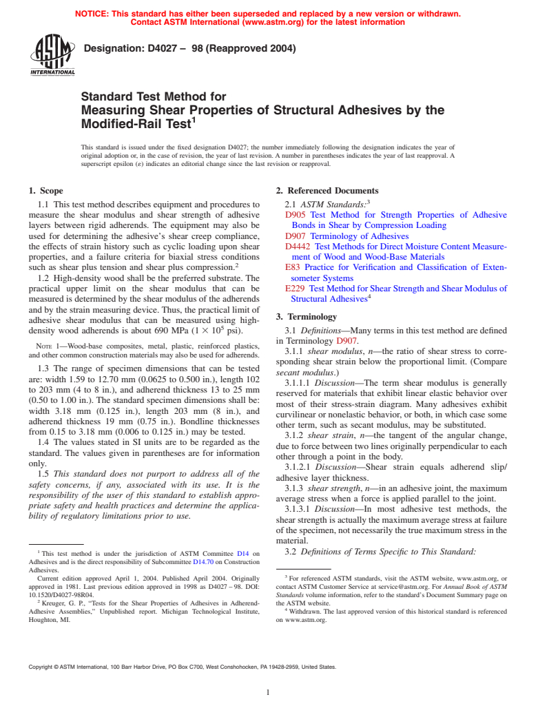 ASTM D4027-98(2004) - Standard Test Method for Measuring Shear Properties of Structural Adhesives by the Modified-Rail Test
