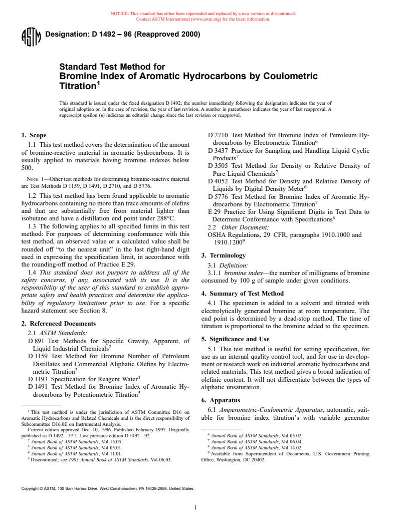 ASTM D1492-96(2000) - Standard Test Method for Bromine Index of Aromatic Hydrocarbons by Coulometric Titration