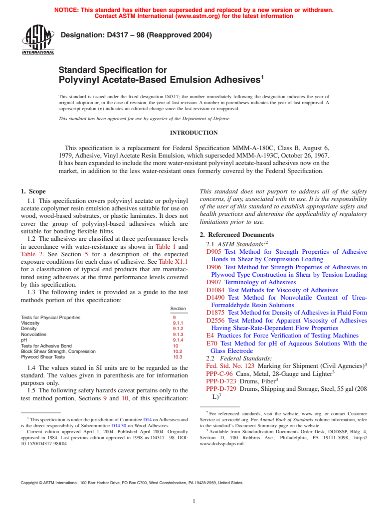 ASTM D4317-98(2004) - Standard Specification for Polyvinyl Acetate-Based Emulsion Adhesives