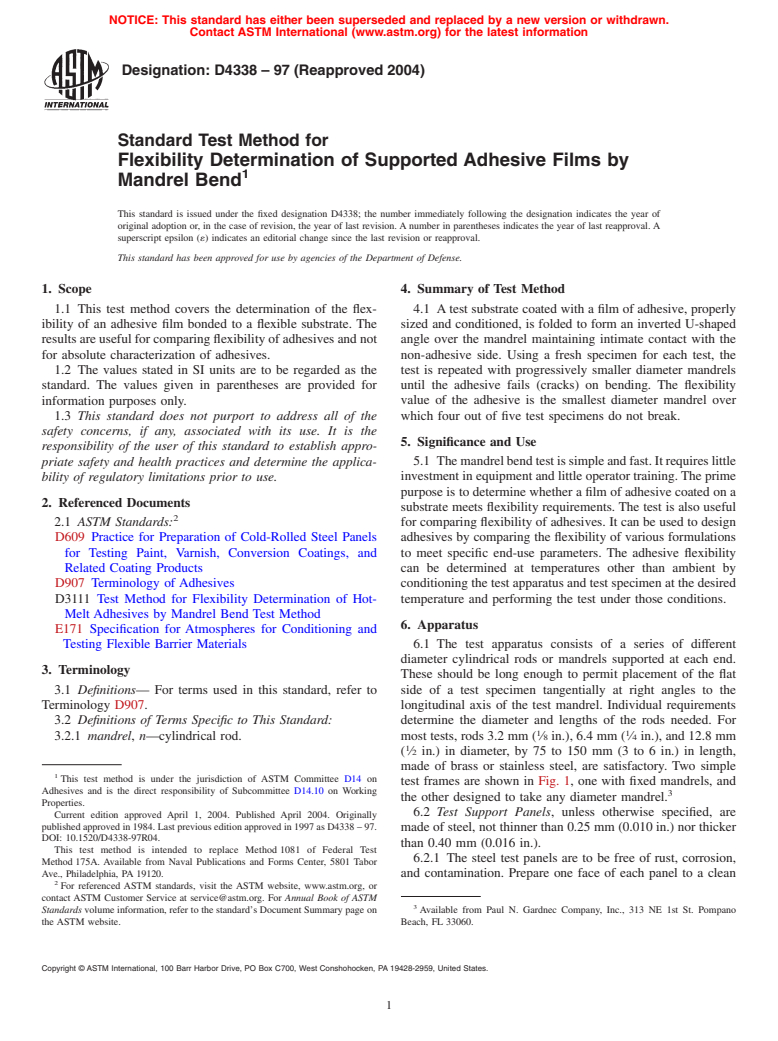 ASTM D4338-97(2004) - Standard Test Method for Flexibility Determination of Supported Adhesive Films by Mandrel Bend