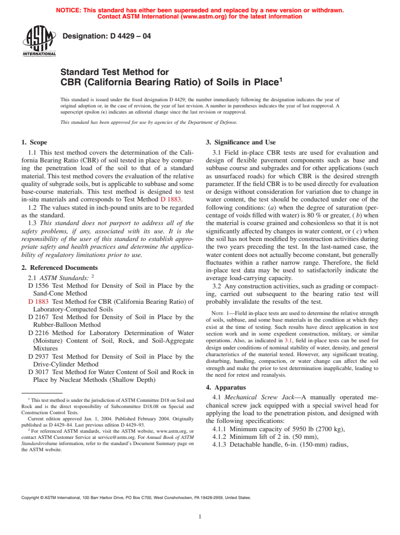 ASTM D4429-04 - Standard Test Method for CBR (California Bearing Ratio) of Soils in Place