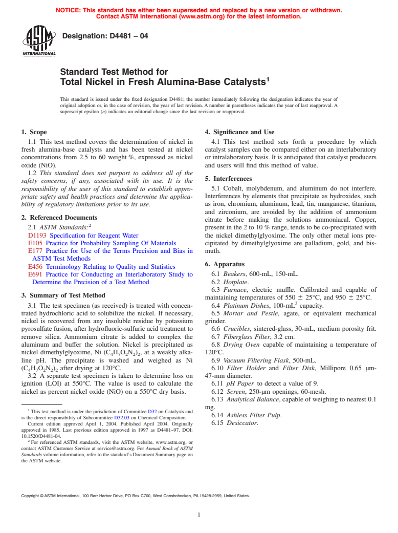 ASTM D4481-04 - Standard Test Method for Total Nickel in Fresh Alumina-Base Catalysts