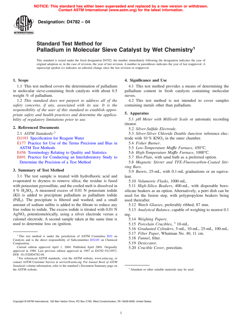 ASTM D4782-04 - Standard Test Method for Palladium in Molecular Sieve Catalyst by Wet Chemistry