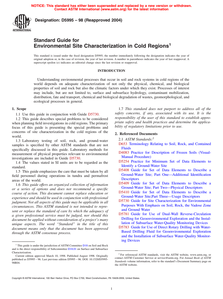 ASTM D5995-98(2004) - Standard Guide for Environmental Site Characterization in Cold Regions