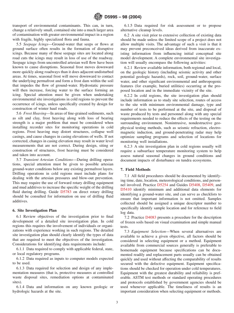 ASTM D5995-98(2004) - Standard Guide for Environmental Site Characterization in Cold Regions