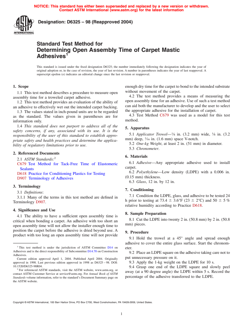 ASTM D6325-98(2004) - Test Method for Determining Open Assembly Time of Carpet Mastic Adhesives