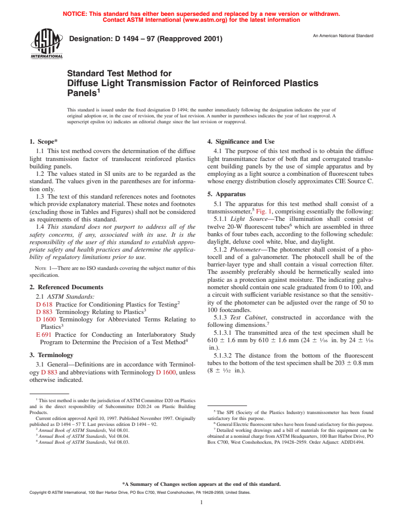 ASTM D1494-97(2001) - Standard Test Method for Diffuse Light Transmission Factor of Reinforced Plastics Panels