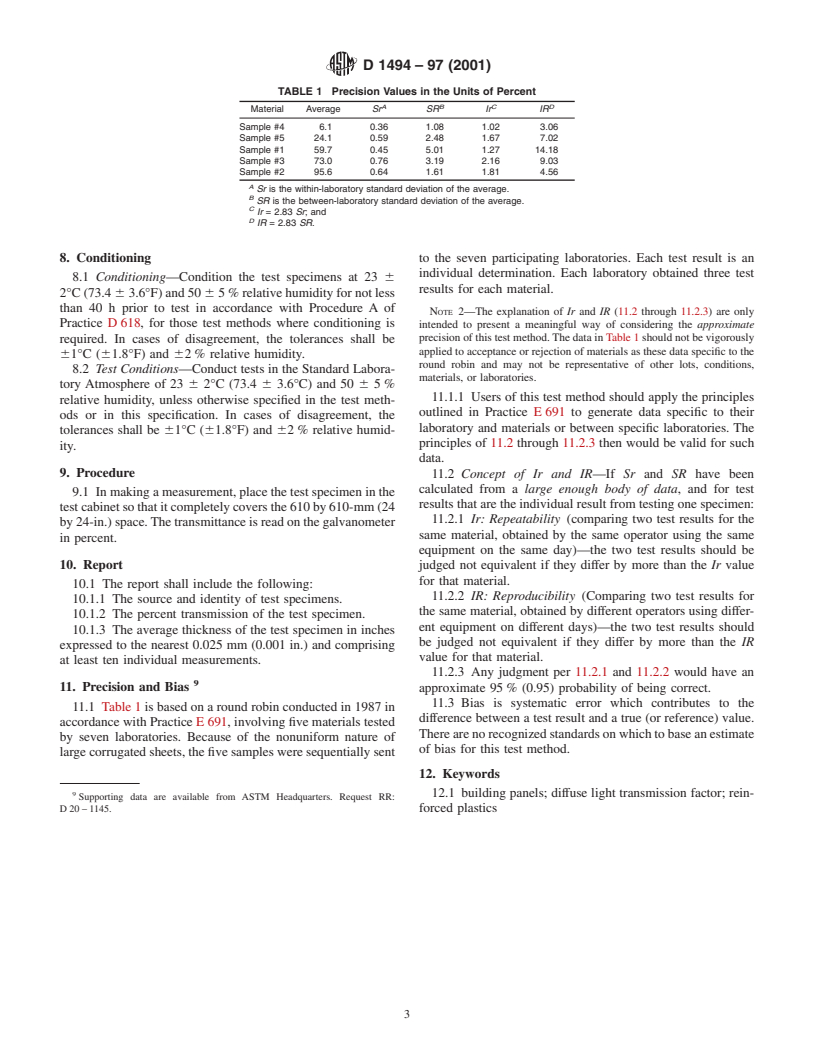 ASTM D1494-97(2001) - Standard Test Method for Diffuse Light Transmission Factor of Reinforced Plastics Panels