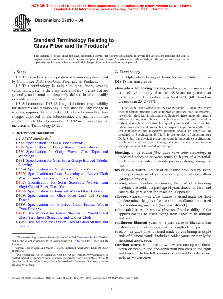 ASTM D7018-04 - Standard Terminology Relating to Glass Fiber and Its Products