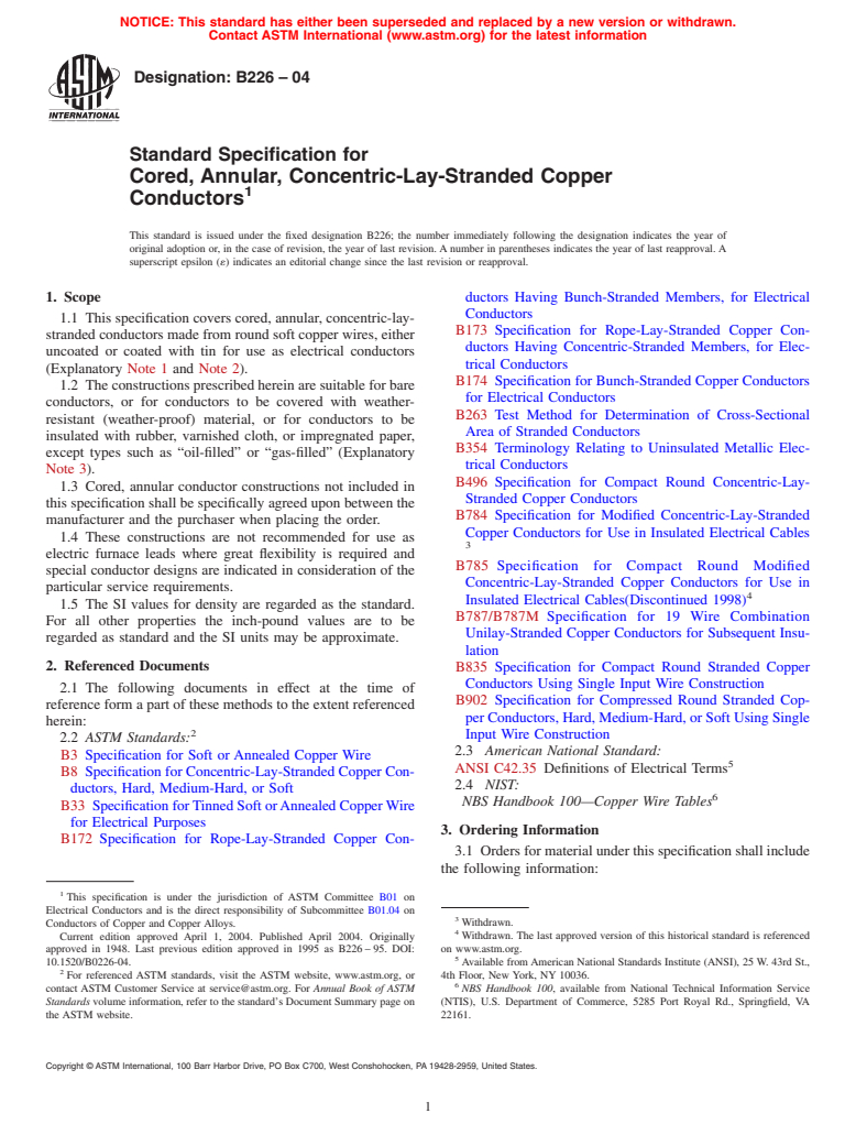 ASTM B226-04 - Standard Specification for Cored, Annular, Concentric-Lay-Stranded Copper Conductors