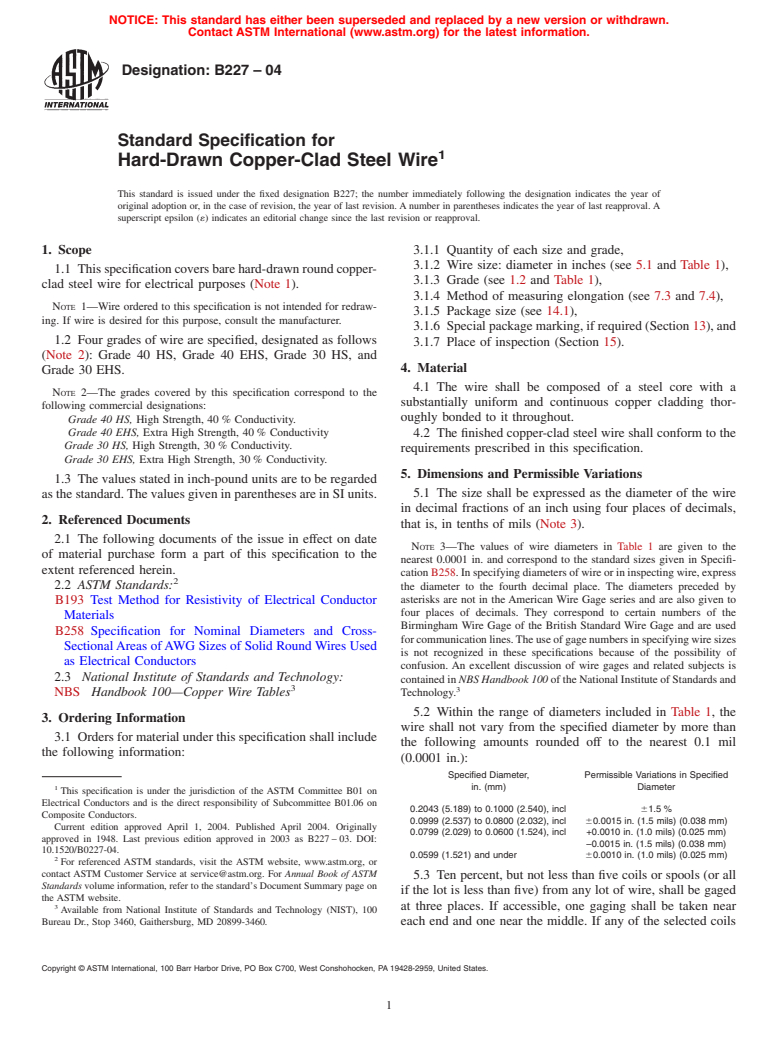 ASTM B227-04 - Standard Specification for Hard-Drawn Copper-Clad Steel Wire