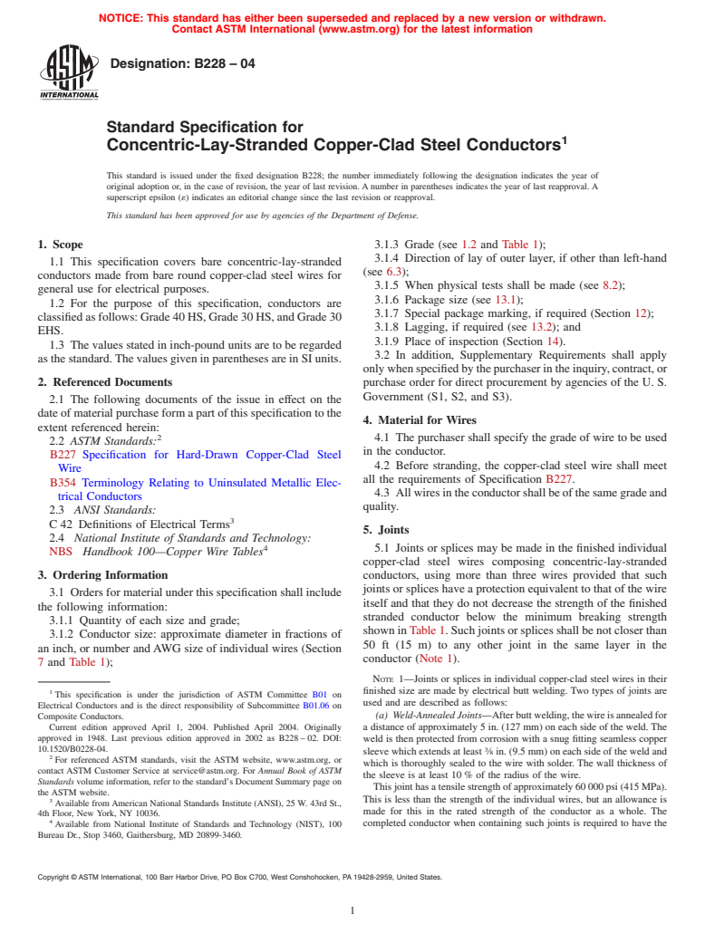 ASTM B228-04 - Standard Specification for Concentric-Lay-Stranded Copper-Clad Steel Conductors