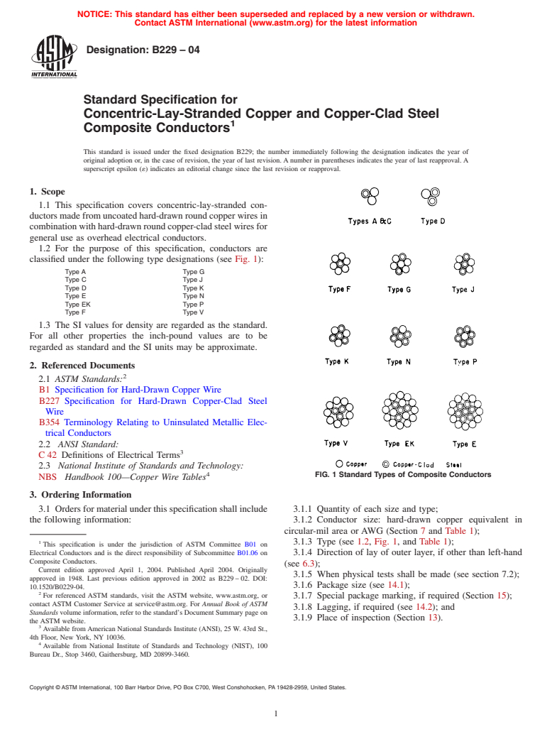 ASTM B229-04 - Standard Specification for Concentric-Lay-Stranded Copper and Copper-Clad Steel Composite Conductors