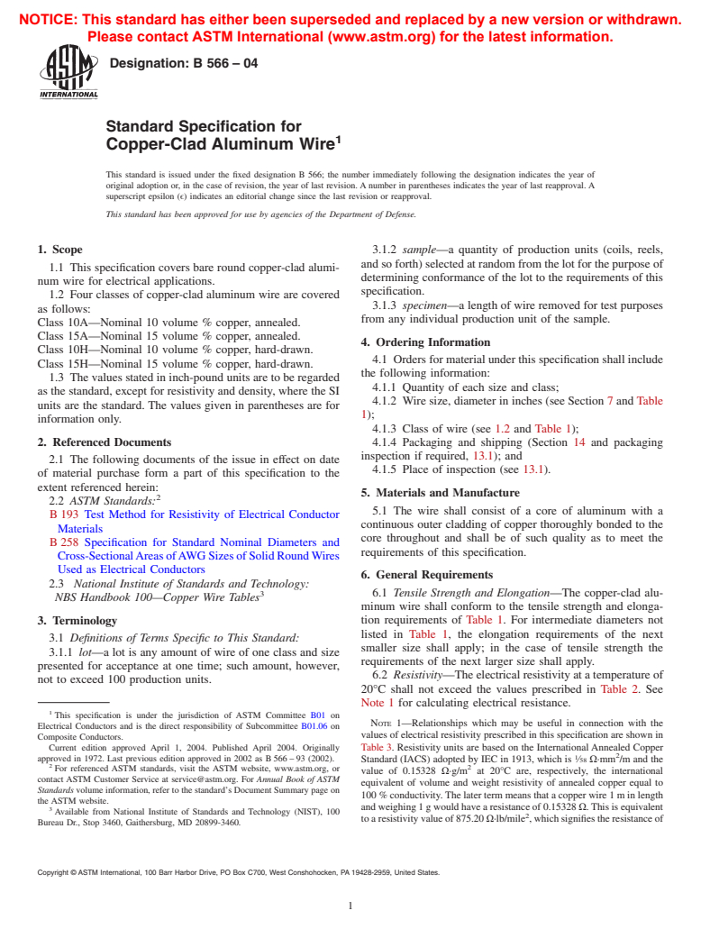 ASTM B566-04 - Standard Specification for Copper-Clad Aluminum Wire