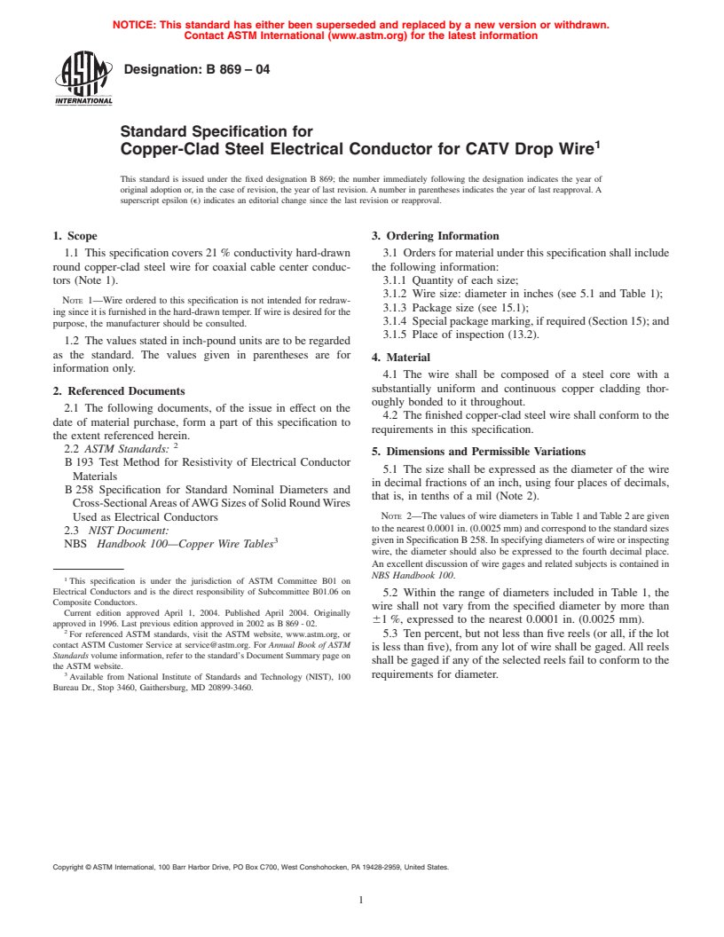 ASTM B869-04 - Standard Specification for Copper-Clad Steel Electrical Conductor for CATV Drop Wire