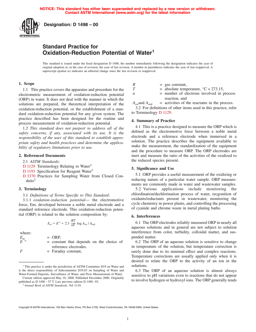 ASTM D1498-00 - Standard Practice for Oxidation-Reduction Potential of Water