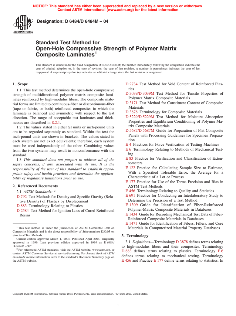 ASTM D6484/D6484M-04 - Standard Test Method for Open-Hole Compressive Strength of Polymer Matrix Composite Laminates