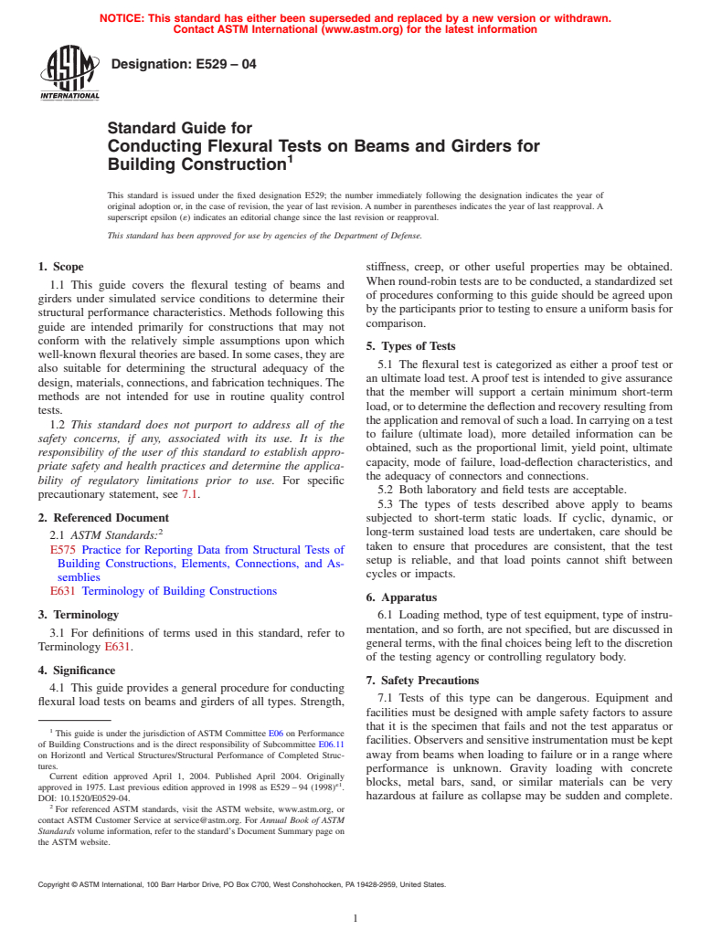 ASTM E529-04 - Standard Guide for Conducting Flexural Tests on Beams and Girders for Building Construction