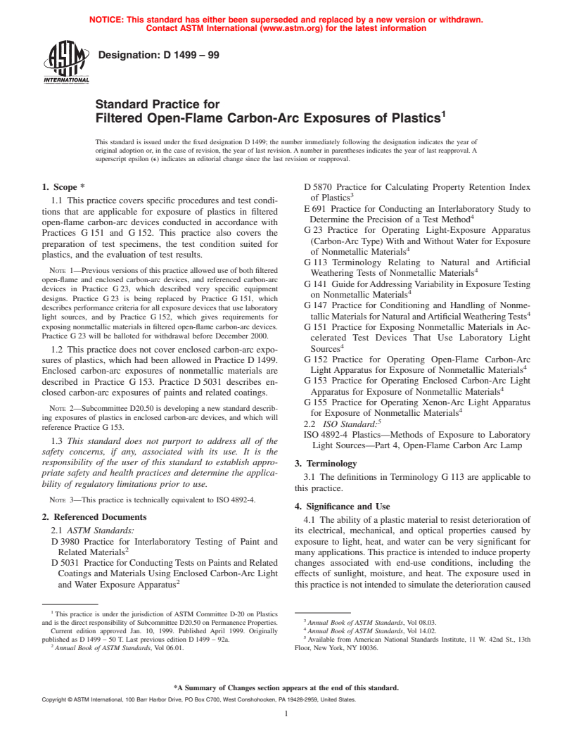 ASTM D1499-99 - Standard Practice Filtered Open-Flame Carbon-Arc Type Exposures of Plastics