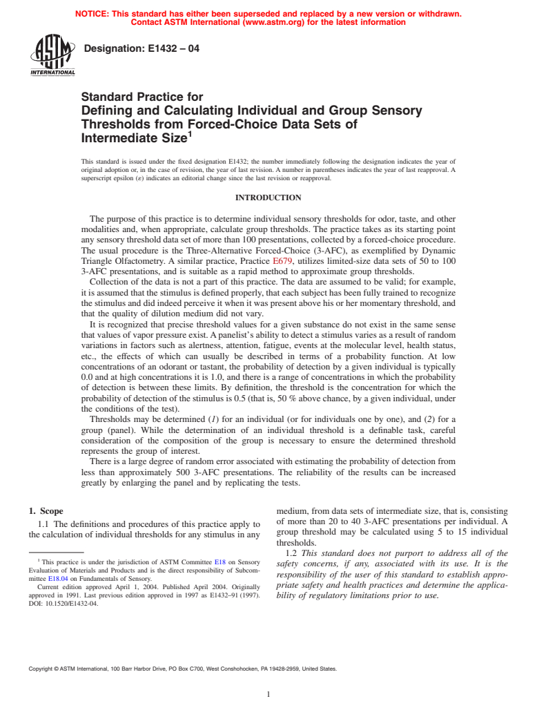 ASTM E1432-04 - Standard Practice for Defining and Calculating Individual and Group Sensory Thresholds from Forced-Choice Data Sets of Intermediate Size