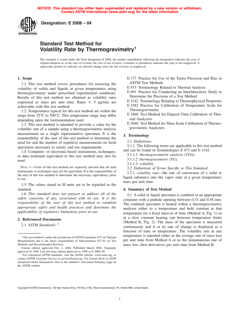 ASTM E2008-04 - Standard Test Method for Volatility Rate by Thermogravimetry