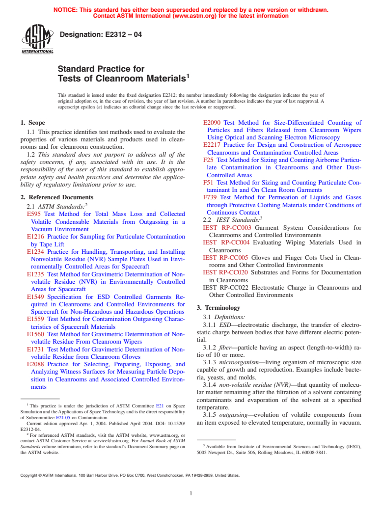 ASTM E2312-04 - Standard Practice for Tests of Cleanroom Materials