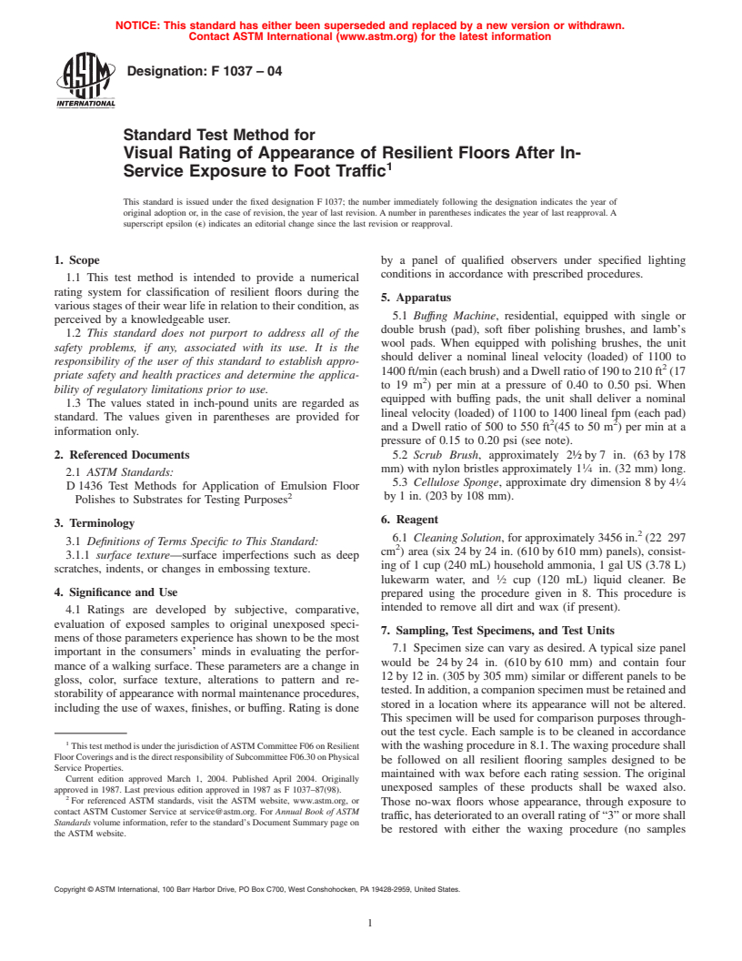 ASTM F1037-04 - Standard Test Method for Visual Rating of Appearance of Resilient Floors After In-Service Exposure to Foot Traffic