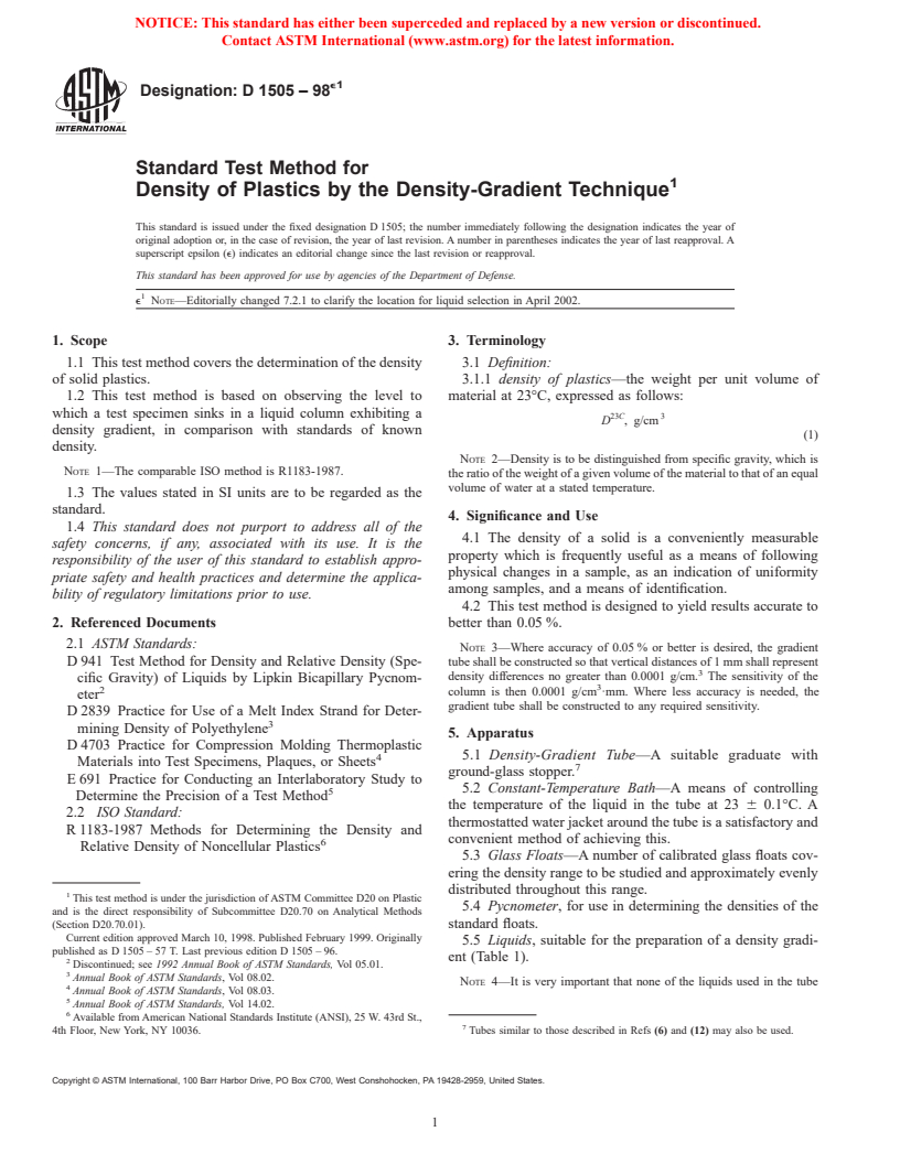 ASTM D1505-98e1 - Standard Test Method for Density of Plastics by the Density-Gradient Technique