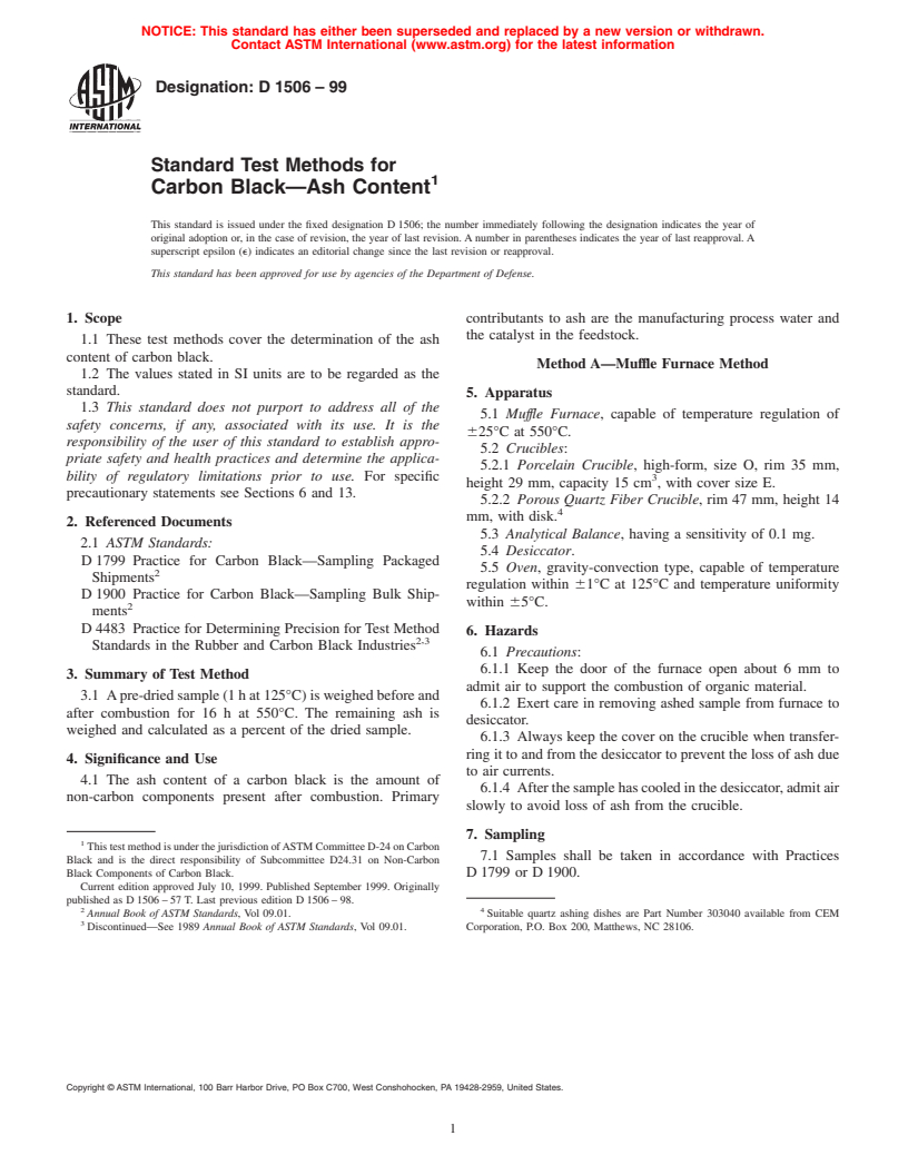 ASTM D1506-99 - Standard Test Methods for Carbon Black-Ash Content