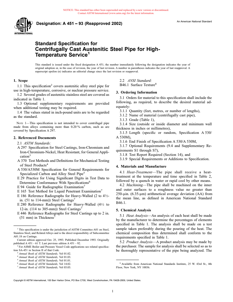 ASTM A451-93(2002) - Standard Specification for Centrifugally Cast Austenitic Steel Pipe for High-Temperature Service