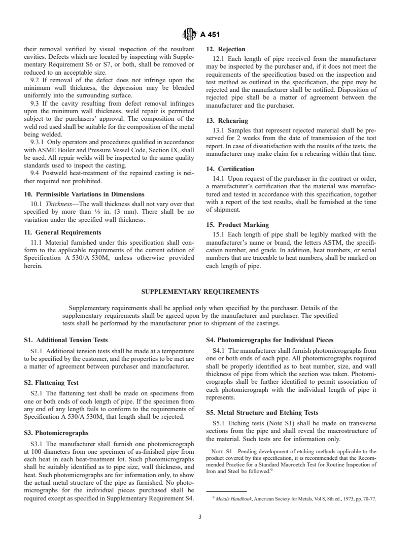 ASTM A451-93(2002) - Standard Specification for Centrifugally Cast Austenitic Steel Pipe for High-Temperature Service