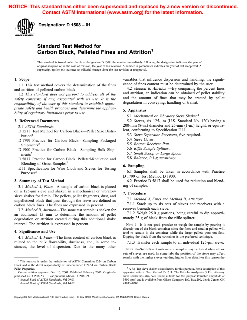 ASTM D1508-01 - Standard Test Method for Carbon Black, Pelleted-Fines and Attrition