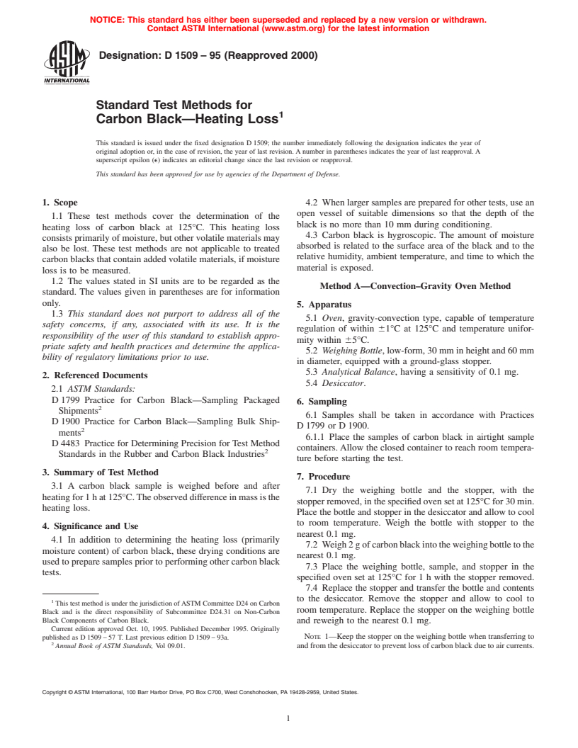 ASTM D1509-95(2000) - Standard Test Methods for Carbon Black-Heating Loss