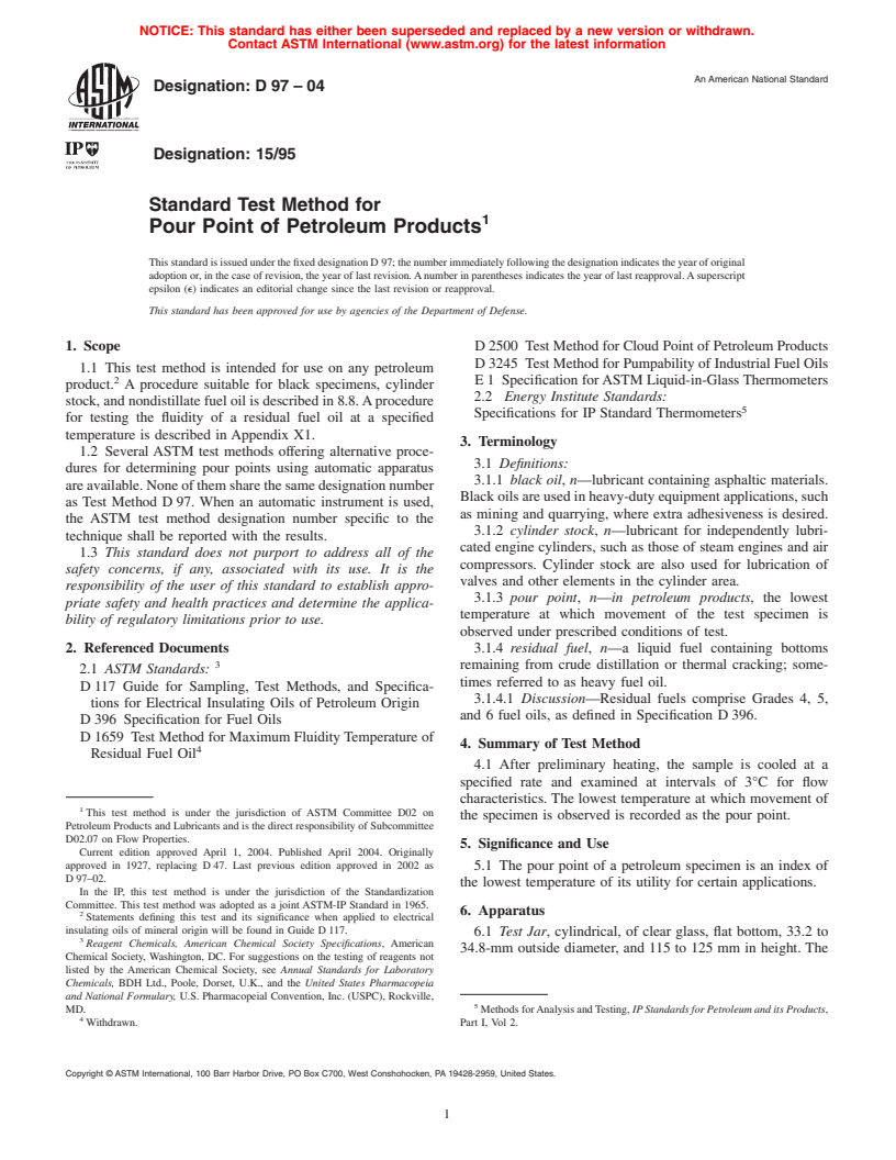 ASTM D97-04 - Standard Test Method for Pour Point of Petroleum Products