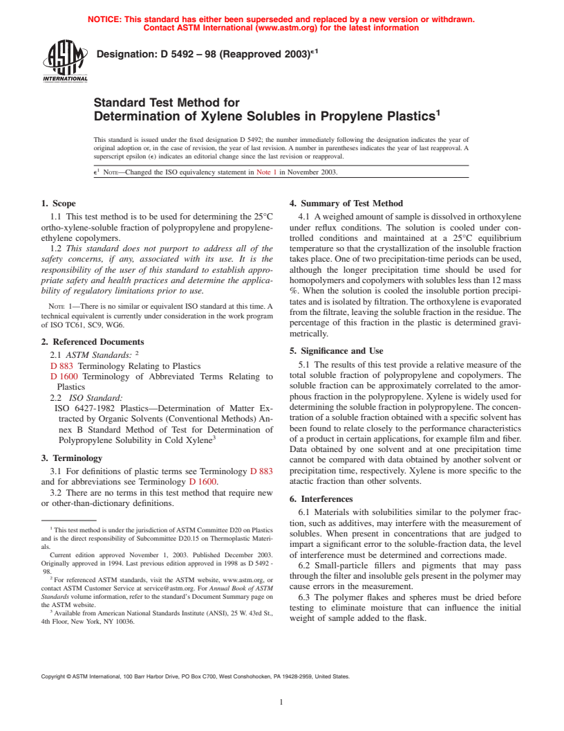 ASTM D5492-98(2003)e1 - Standard Test Method for Determination of Xylene Solubles in Propylene Plastics