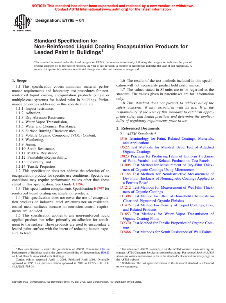 ASTM E1795-04 - Standard Specification for Non-Reinforced Liquid Coating Encapsulation Products for Leaded Paint in Buildings