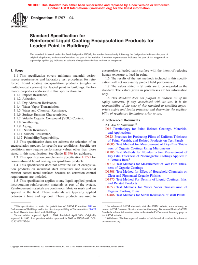 ASTM E1797-04 - Standard Specification for Reinforced Liquid Coating Encapsulation Products for Leaded Paint in Buildings