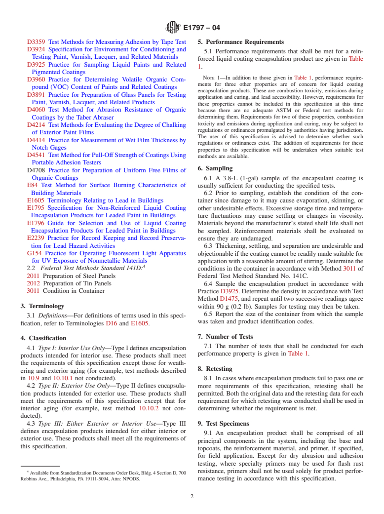 ASTM E1797-04 - Standard Specification for Reinforced Liquid Coating Encapsulation Products for Leaded Paint in Buildings