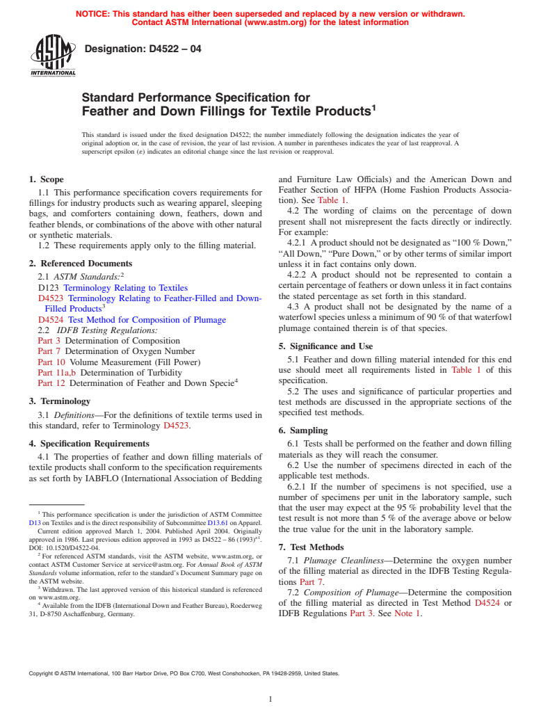 ASTM D4522-04 - Standard Performance Specification for Feather and Down Fillings for Textile Products